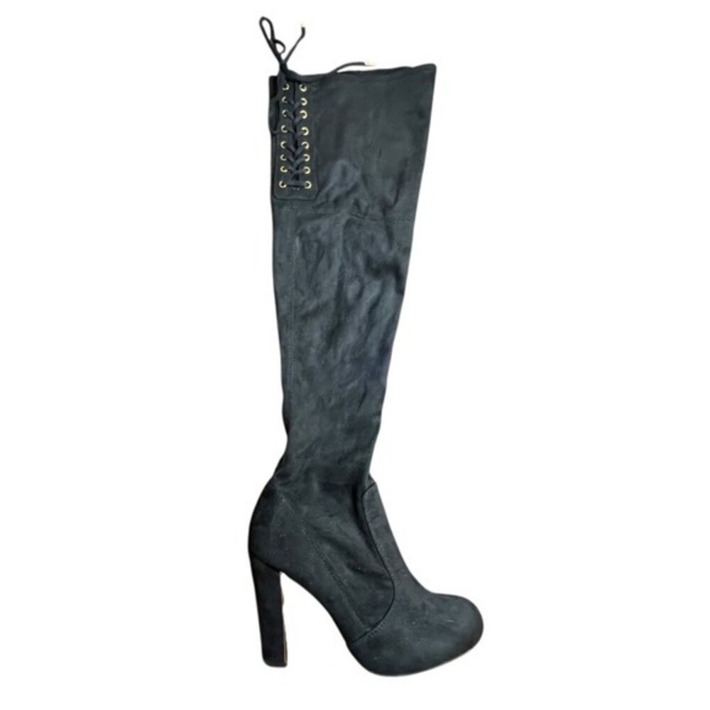 Material Girl Black Faux Suede Thigh High Heeled Boots Size 6.5 Witchy Sexy